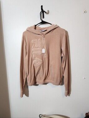 Fila Beige Hooded Half-Zip Velour Pullover